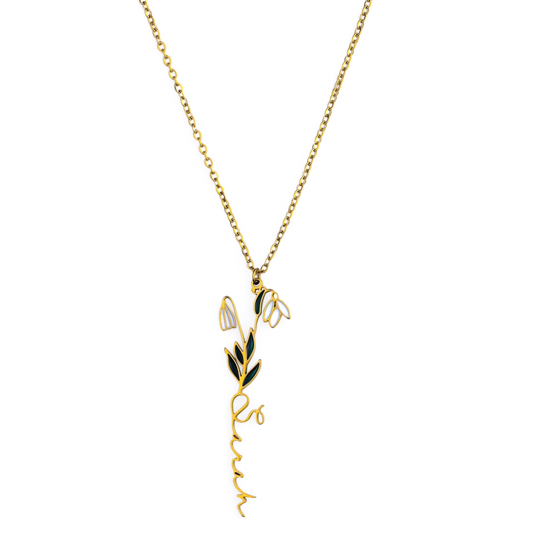 Collier avec nom de fleur de naissance aquarelle