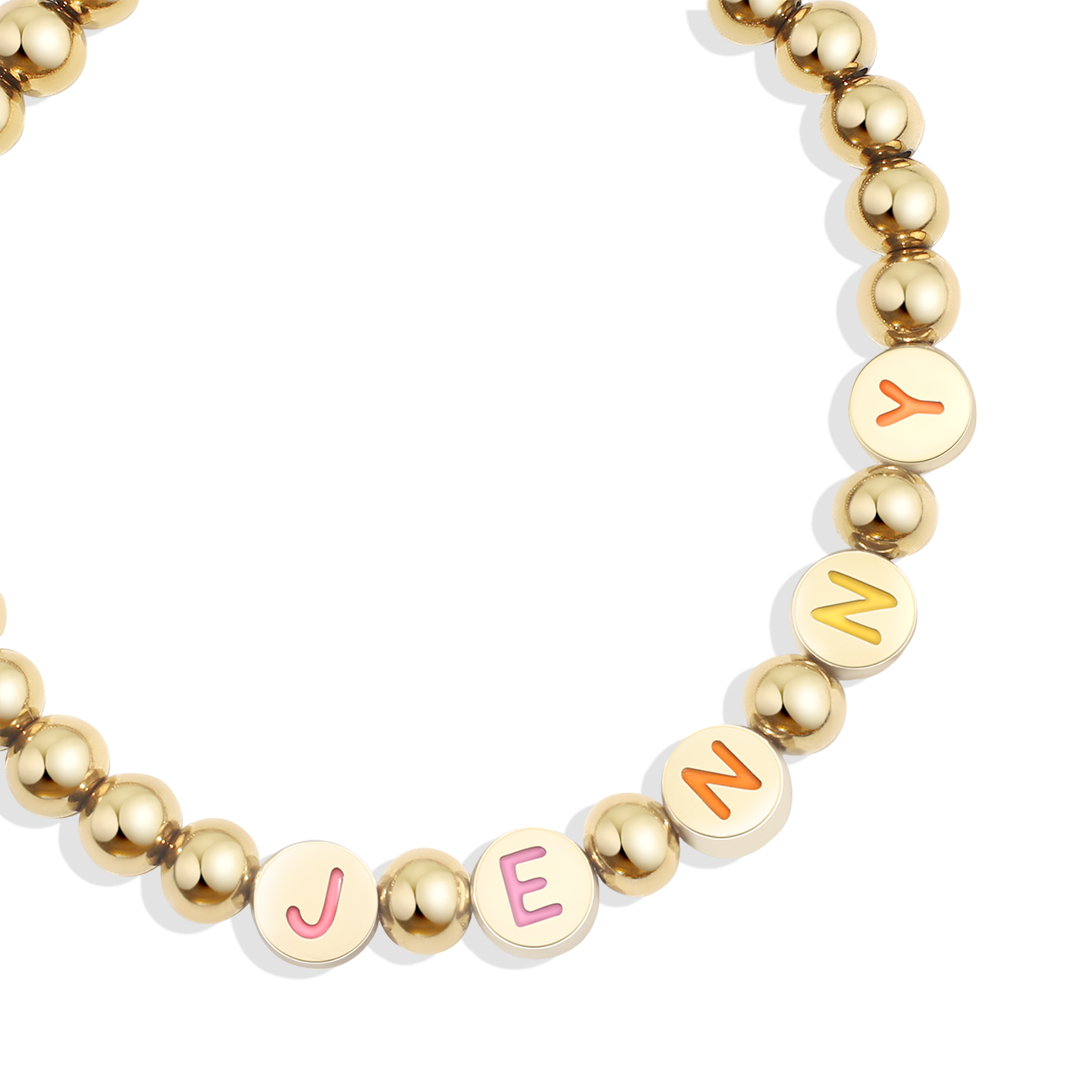 Custom Rainbow Letter Gold Disc Bead Bracelet