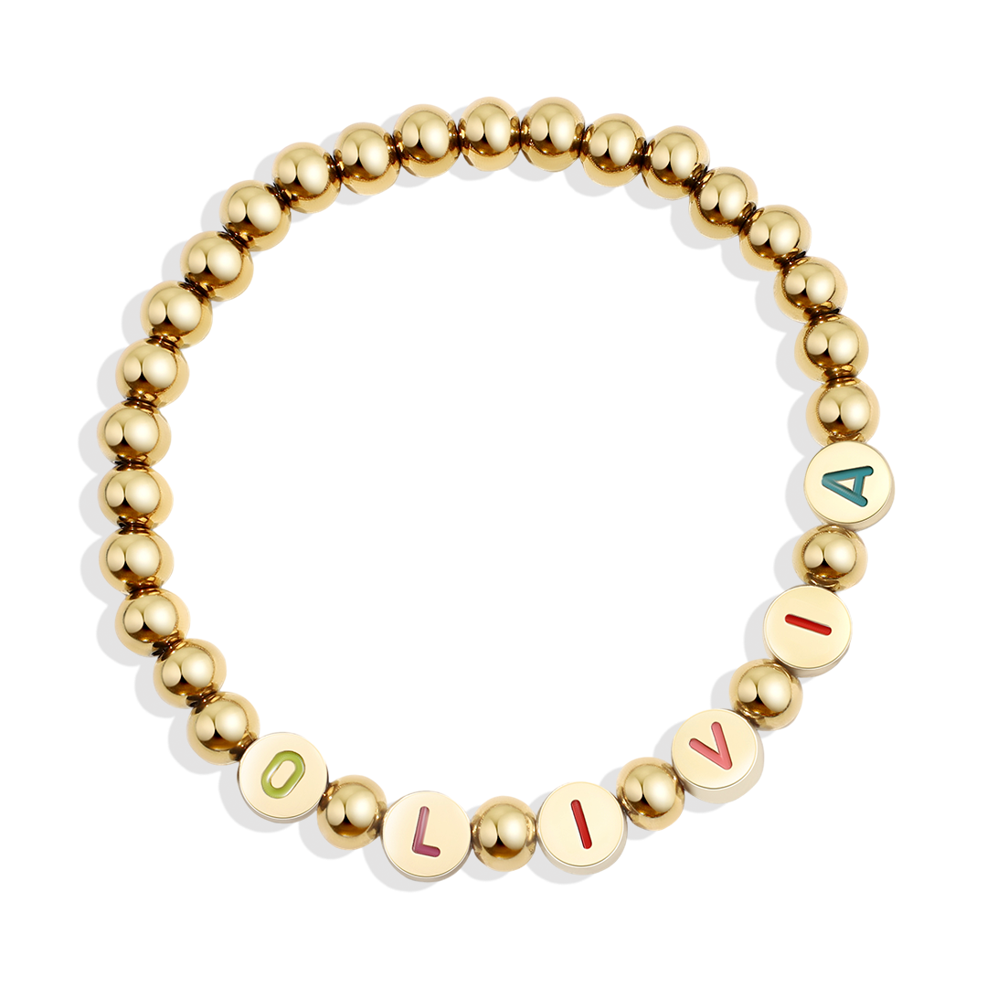 Custom Rainbow Letter Gold Disc Bead Bracelet