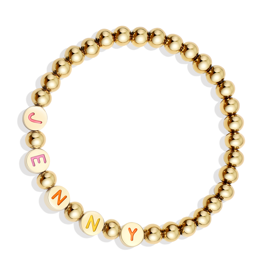 Custom Rainbow Letter Gold Disc Bead Bracelet
