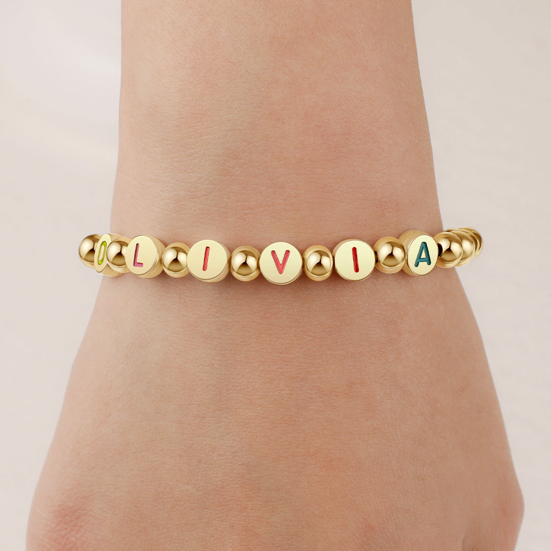 Custom Rainbow Letter Gold Disc Bead Bracelet