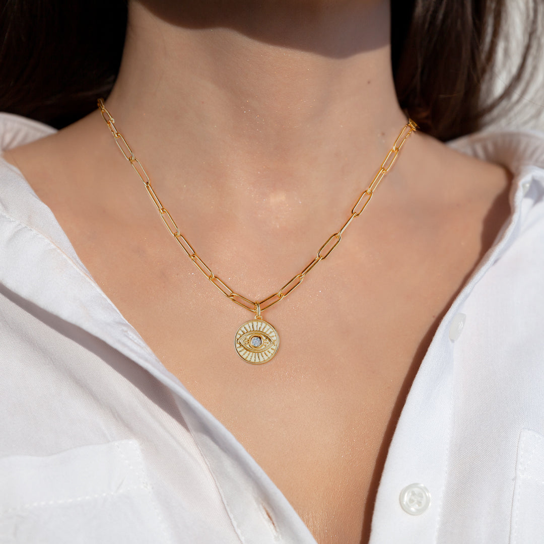 Collier pendentif pièce de monnaie mauvais œil avec chaîne trombone