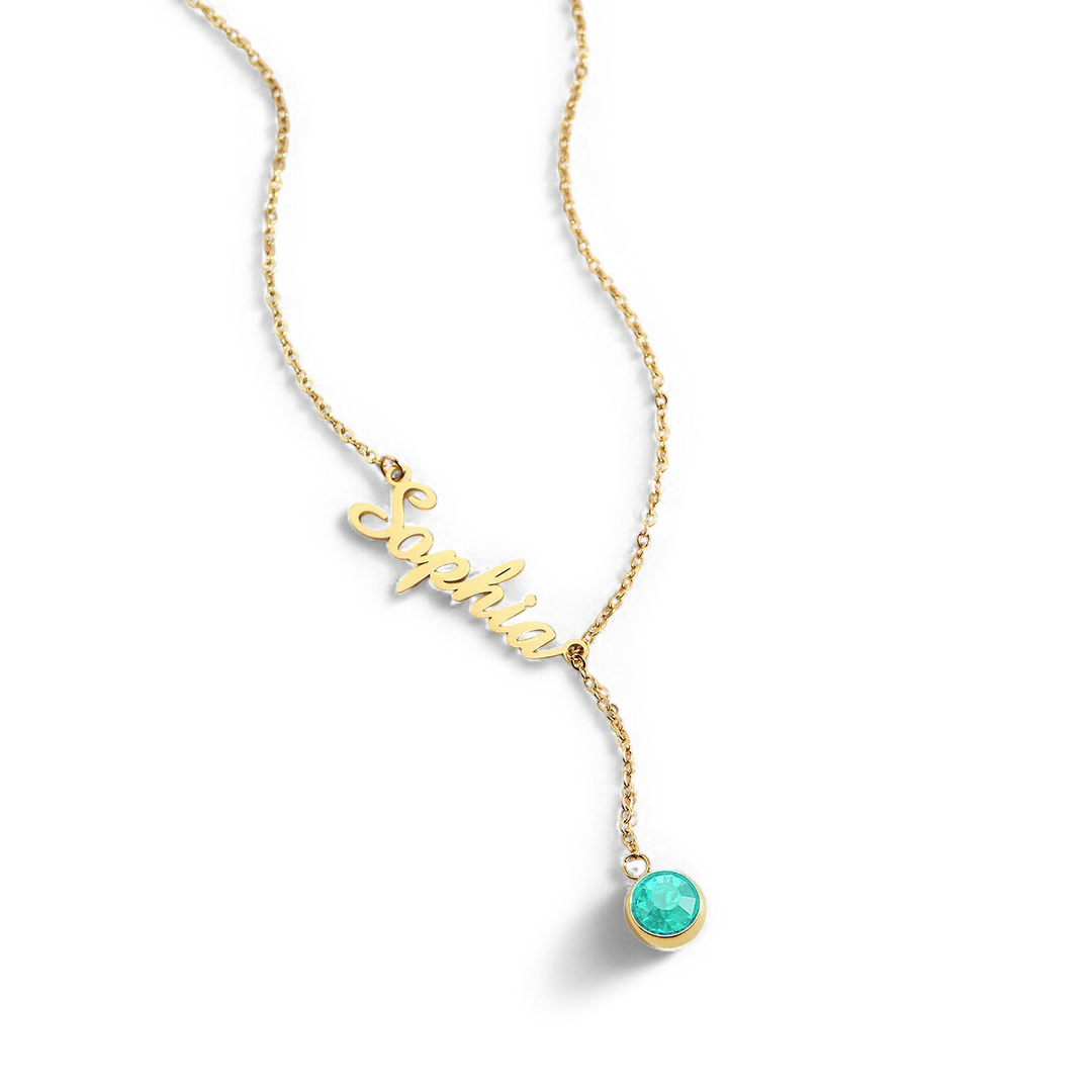 Collier Lariat avec pierre de naissance et nom