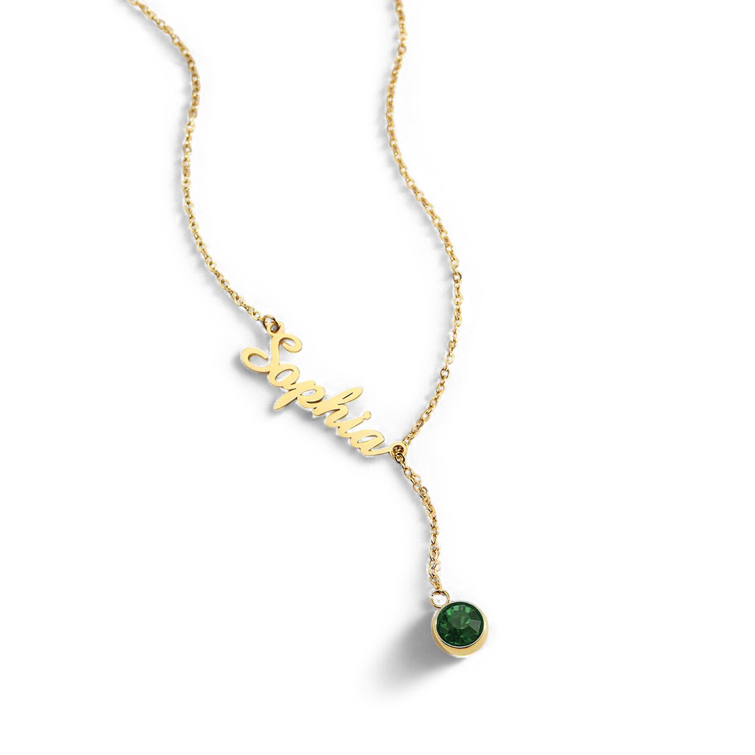Collier Lariat avec pierre de naissance et nom