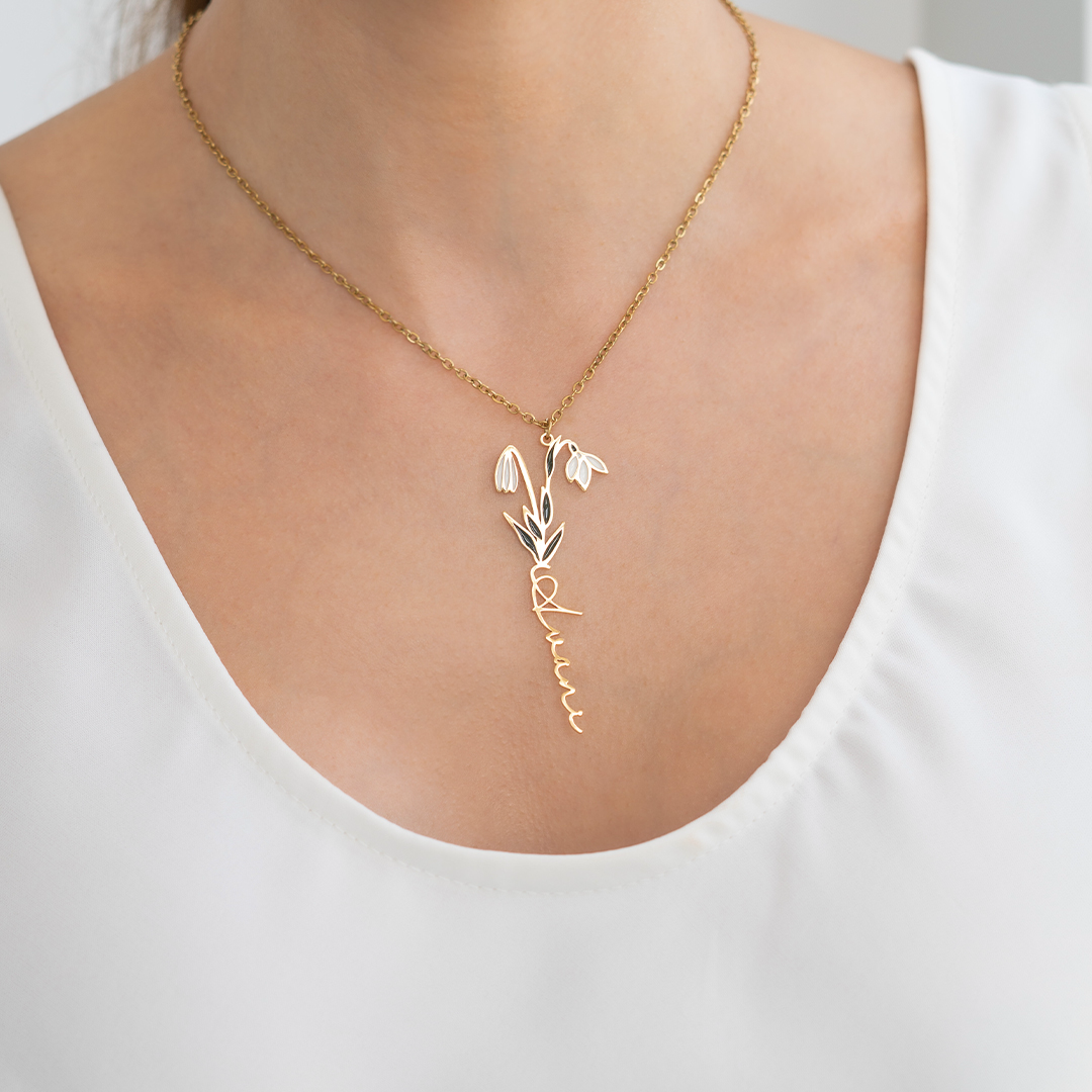 Collier avec nom de fleur de naissance aquarelle