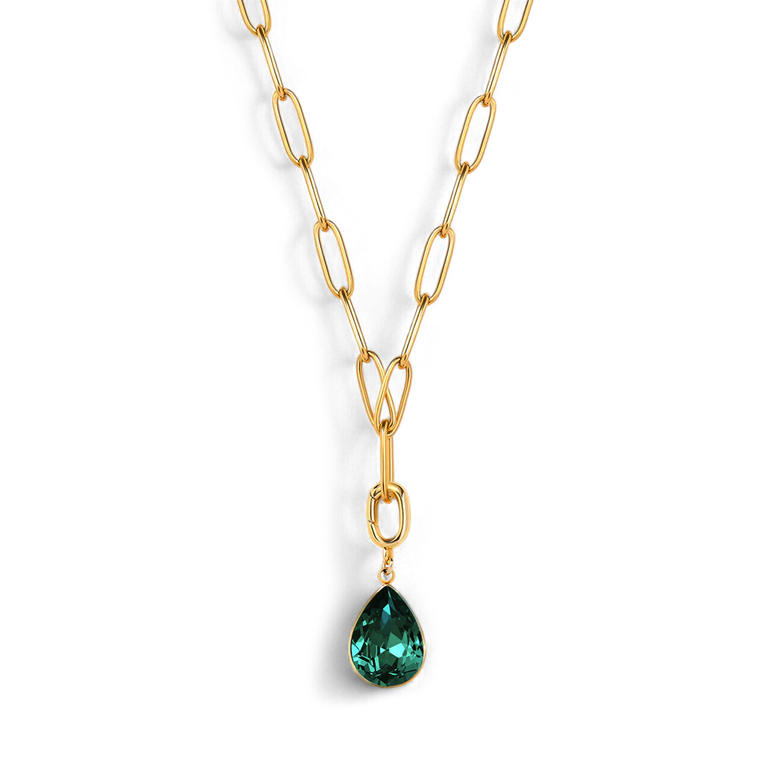 Collier trombone menthe et breloque pierre de naissance en forme de larme