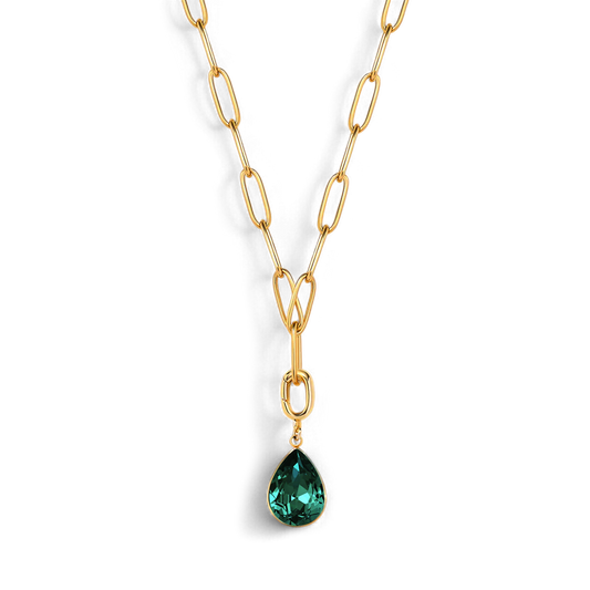 Collier trombone menthe et breloque pierre de naissance en forme de larme