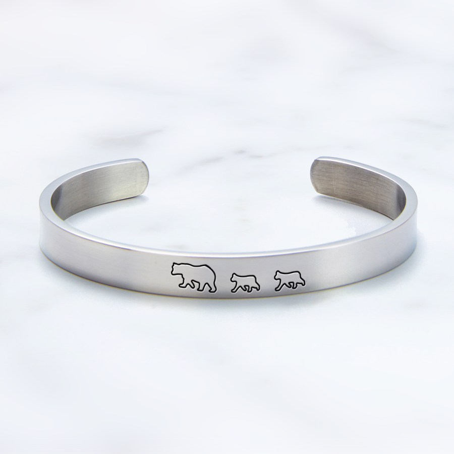 Mama Bear & Her Baby Bears Engraved Cuff Bracelet