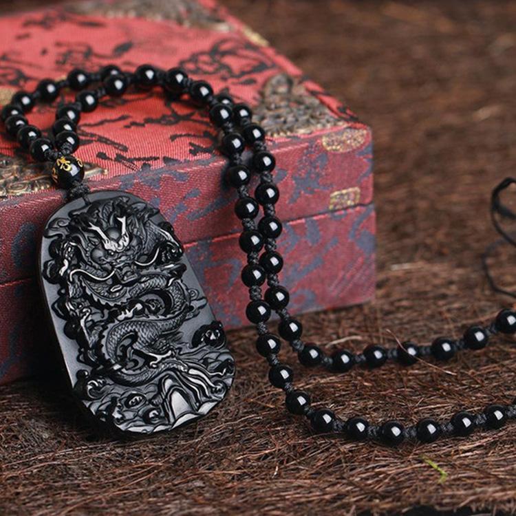 Collier dragon en obsidienne noire naturelle - Protection, chance, succès