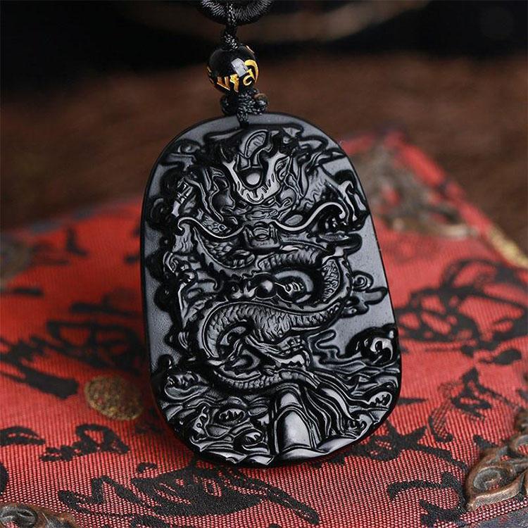 Collier dragon en obsidienne noire naturelle - Protection, chance, succès