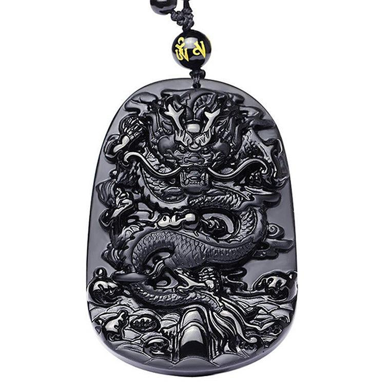Collier dragon en obsidienne noire naturelle - Protection, chance, succès