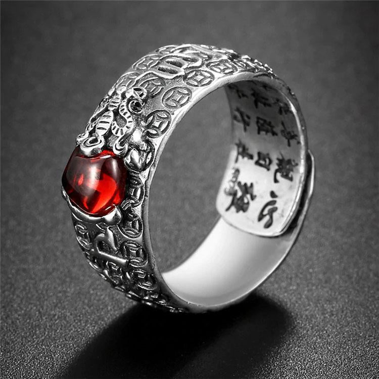 Bague Pixiu en grenat naturel - Bague Feng Shui