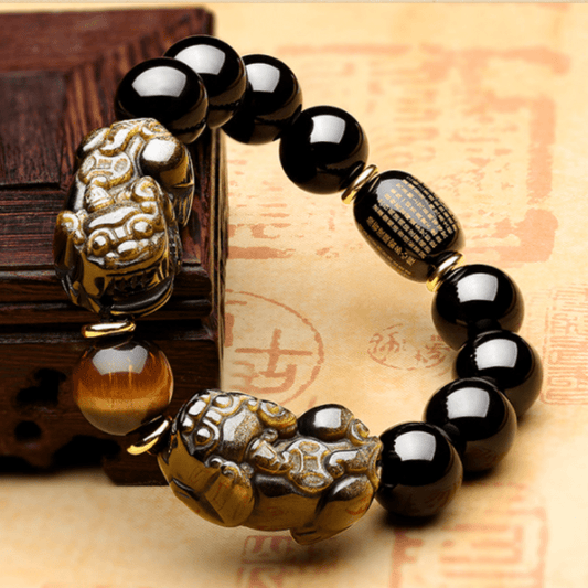 Bracelet Double Pixiu en Obsidienne Or Naturelle