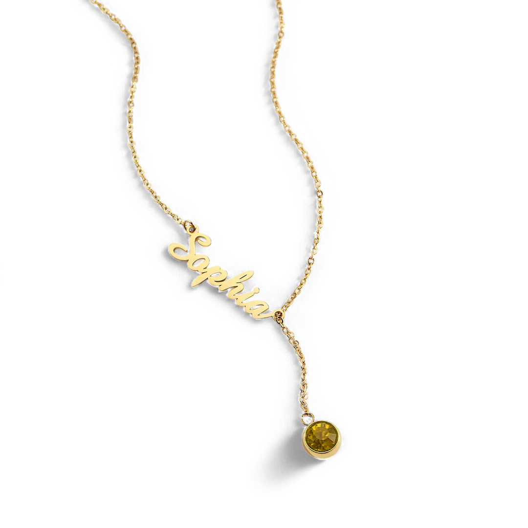 Collier Lariat avec pierre de naissance et nom