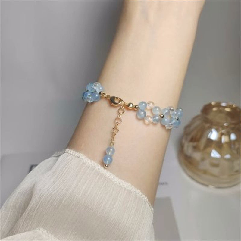 Bracelet aigue-marine élégant et frais, design double couche, cristal blanc