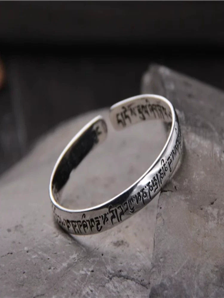 Bracelet ouvert en argent sterling S925 avec mantra à six caractères, style rétro sanskrit, pour hommes et femmes