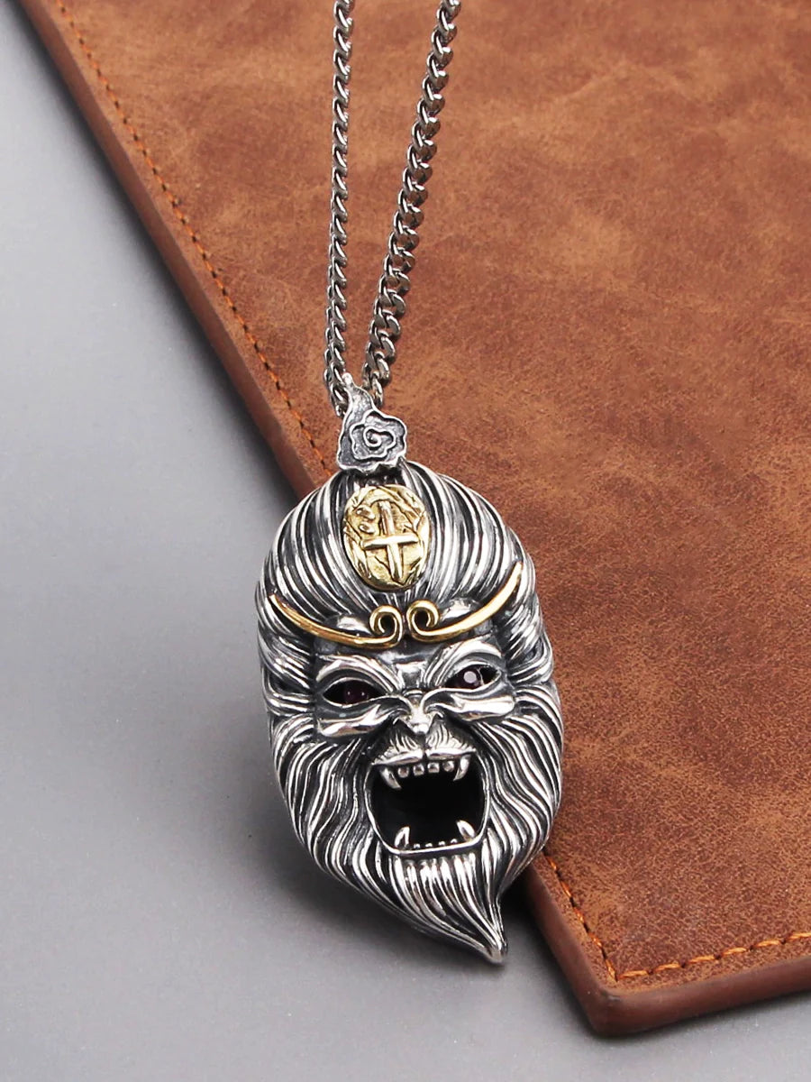 S925 Sterling Silver Sun Wukong Double-Sided Necklace - Buddha and Demon Pendant for Men