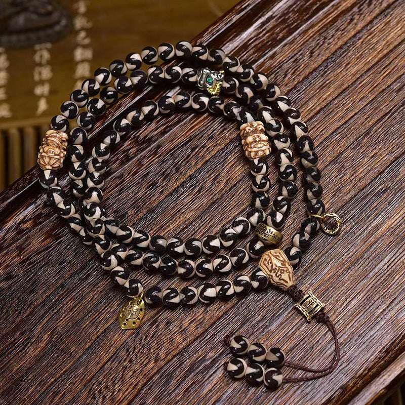 Collier Mala 108 perles en dent de tigre naturelle Dzi