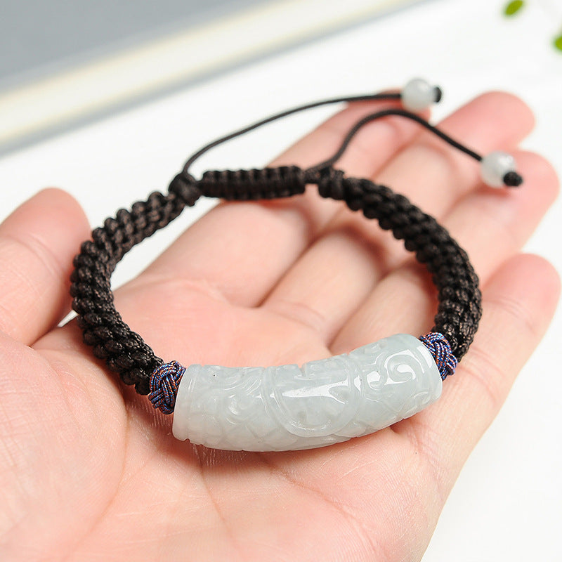 Natürliches Myanmar Jade-Armband mit gebogenem Stab, Güteklasse A – handgefertigt mit Schnitzereien für Glück und Langlebigkeit