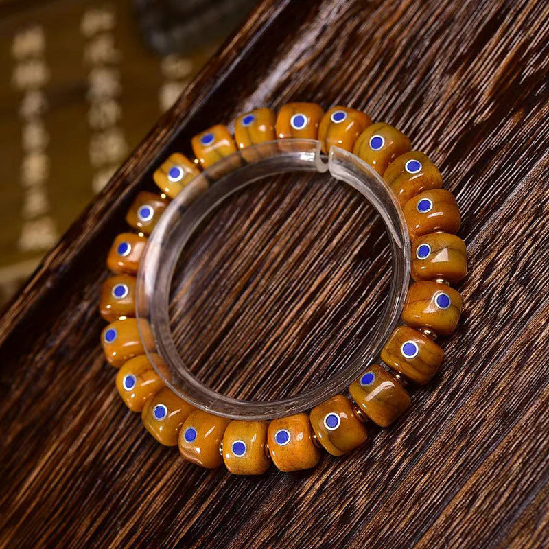 Tibetan Old Silver and Lapis Lazuli Inlaid Bracelet with Small Tangka Pendant – Tibetan Yak Bone Bracelet