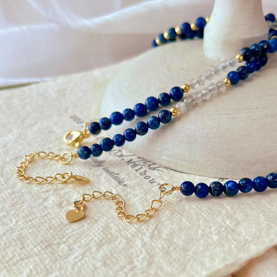 Vintage Natural Lapis Lazuli Necklace White Crystal Gray Moonstone Clavicle Chain Necklace