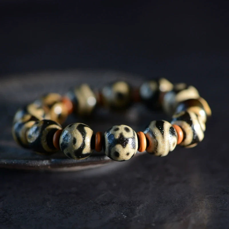 Bracelet de perles Dallow Dzi en agate tibétaine ancienne, perles rondes, 14 mm, patiné à l'huile, pour homme