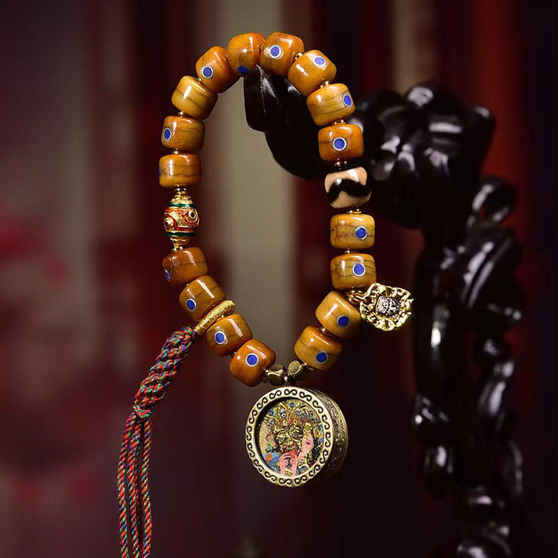 Tibetan Old Silver and Lapis Lazuli Inlaid Bracelet with Small Tangka Pendant – Tibetan Yak Bone Bracelet
