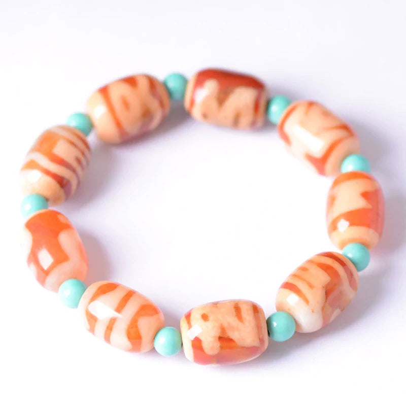 Bracelet tibétain en perles dzi rouges et blanches avec perles rondes turquoises et bracelet en agate ancienne, totems aléatoires