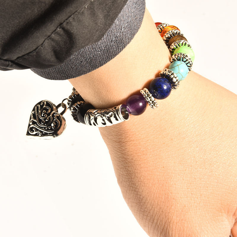 Healing Chakra Bracelet for Meditation Matte Agate Charm Heart Gemstone Health Bracelet