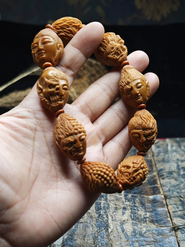 Buddha & Demon Carved Olive Pit Beads Buddha Bracelet for Meditation