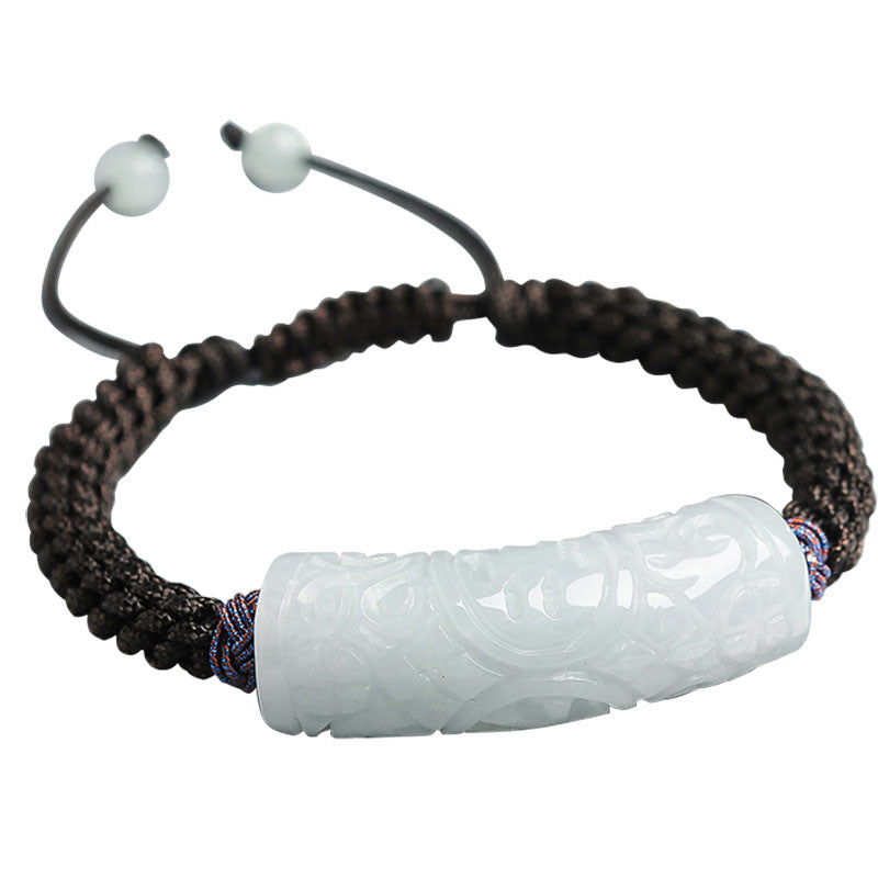 Bracelet en jade naturel de Birmanie de qualité A, barre incurvée – Fabriqué à la main avec des gravures sur la chance et la longévité