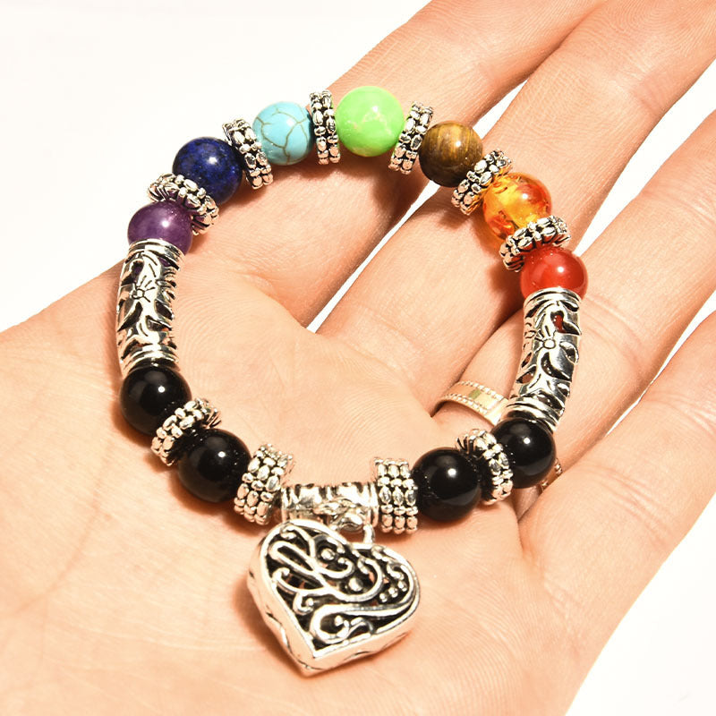 Healing Chakra Bracelet for Meditation Matte Agate Charm Heart Gemstone Health Bracelet