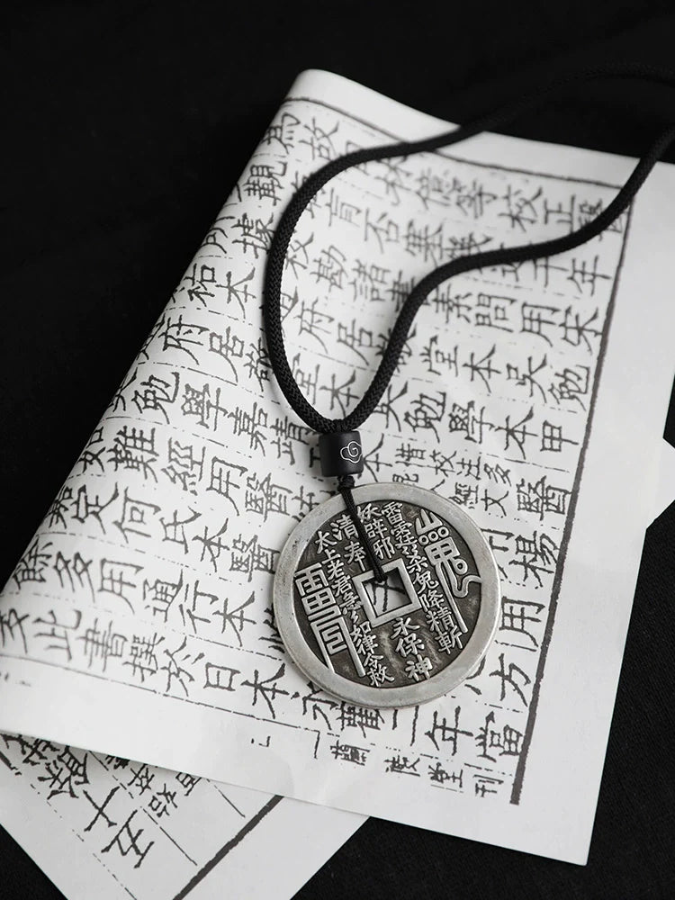 Mountain Ghost Thunder Order Coin Pendant Black Rope Necklace