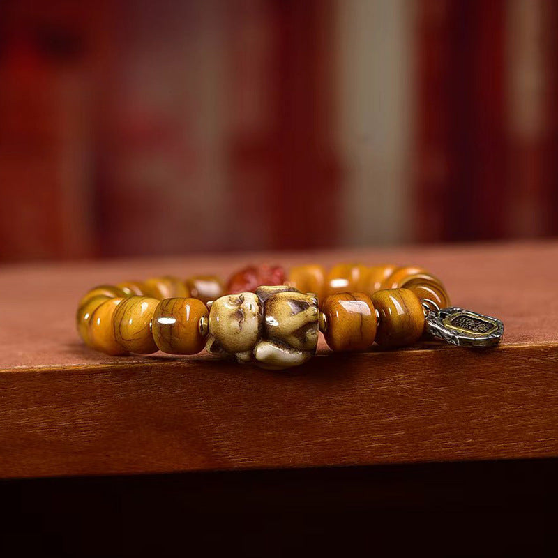 Tibetisches Kamelknochenarmband mit Achat-Dzi-Perlen und Yakknochen-Fuchsanhänger – Einzigartiges handgefertigtes Armband im tibetischen Stil
