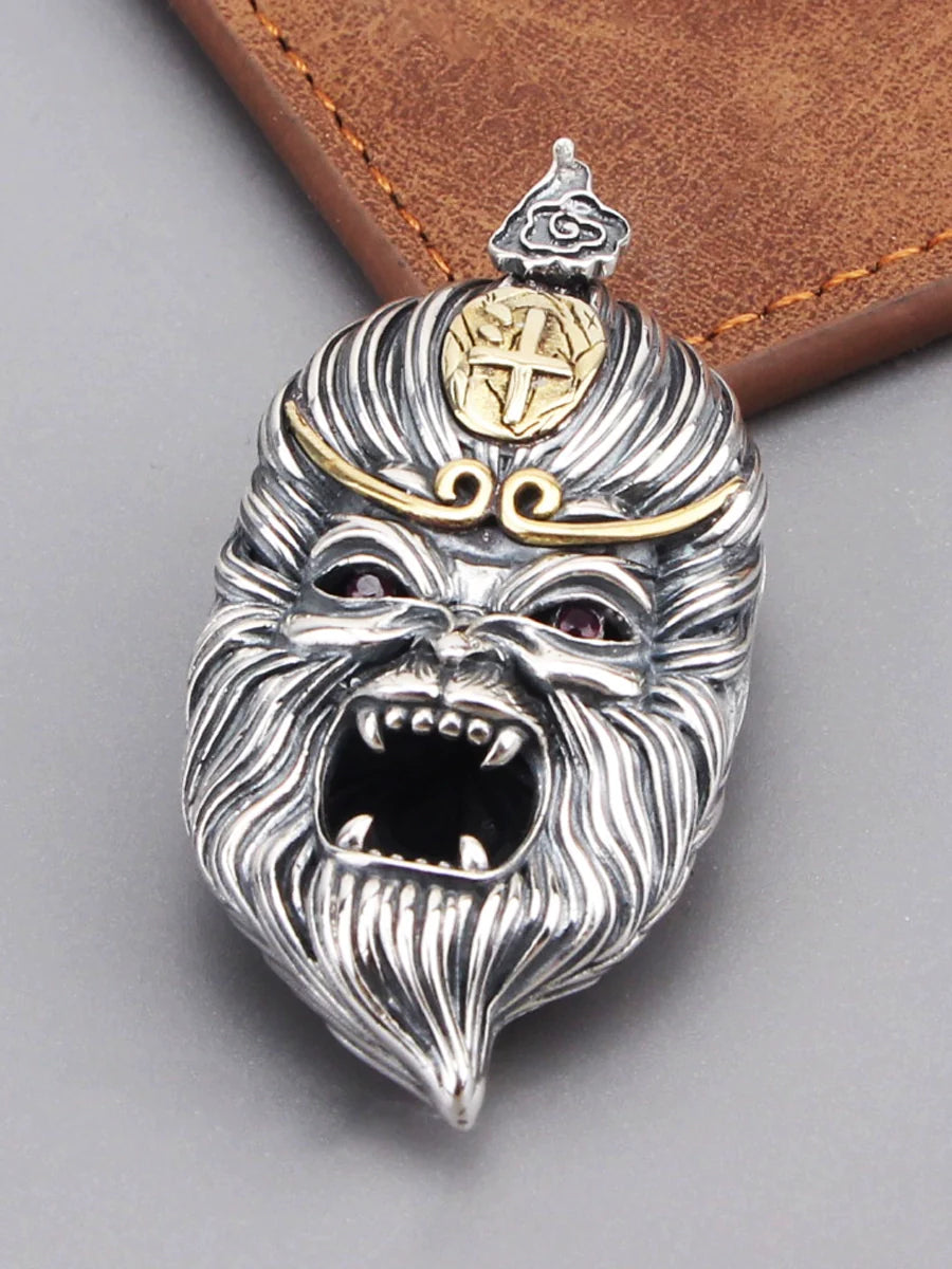S925 Sterling Silver Sun Wukong Double-Sided Necklace - Buddha and Demon Pendant for Men