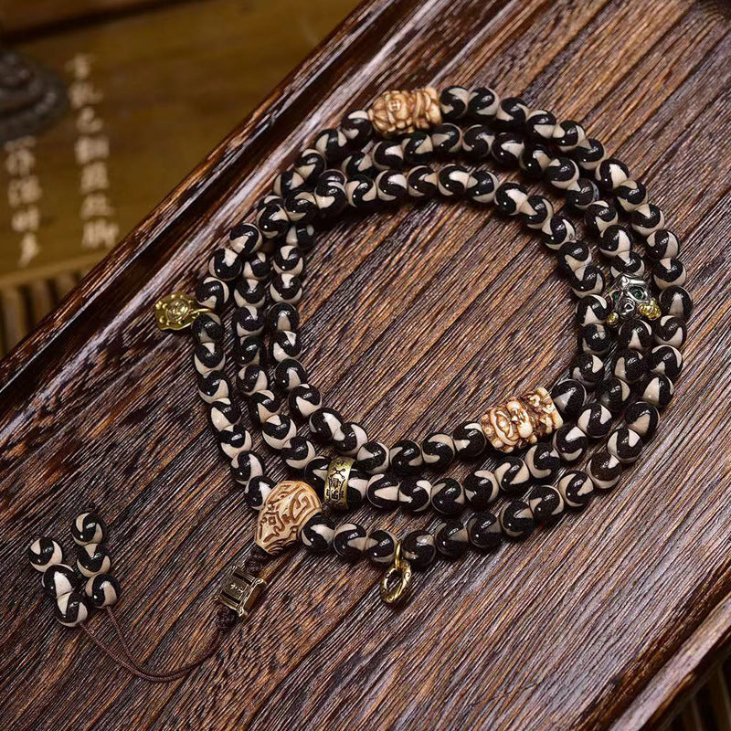 Natural Tiger Tooth Dzi Beads 108 Beads Mala Necklace