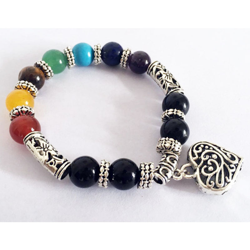 Healing Chakra Bracelet for Meditation Matte Agate Charm Heart Gemstone Health Bracelet