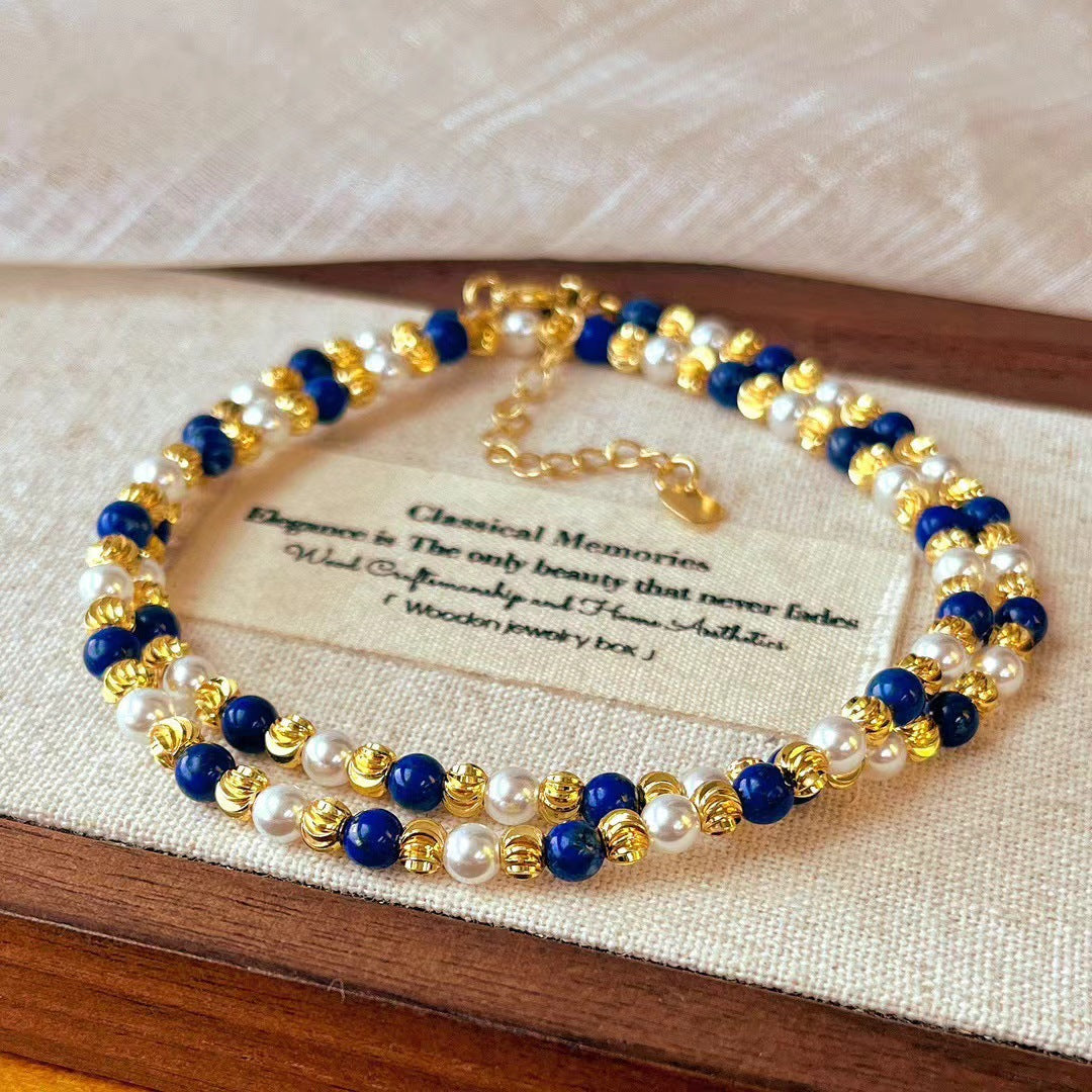 Vintage Halskette mit natürlichen Lapislazuli-Perlen, mehrschichtige Halskette mit Schlüsselbeinkette