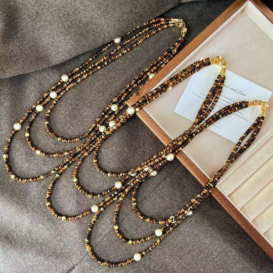 Natural Maillard Tiger's Eye Stone Artificial Crystal Pearl Necklace Vintage Multilayer Clavicle Chain Necklace