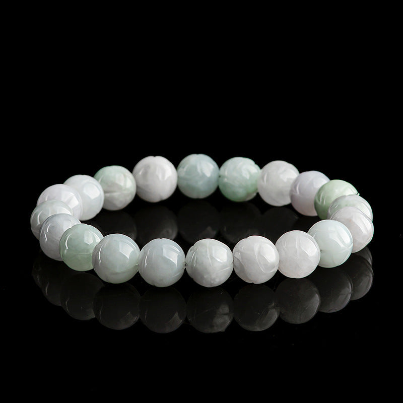Bracelet en perles de lotus en jadéite naturelle de Birmanie de qualité A – Design élégant en forme de fleur de lotus