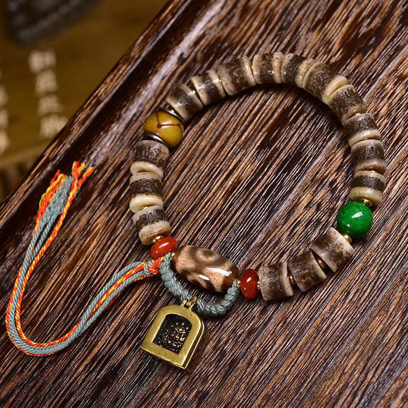 Tibetan Yak Bone Bracelet with Agate Dzi Beads & Snow Baga Beads – Handcrafted Tibetan-Style Bracelet