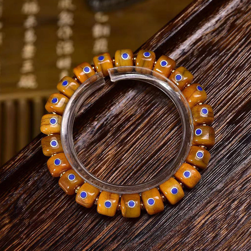 Tibetan Old Silver and Lapis Lazuli Inlaid Bracelet with Small Tangka Pendant – Tibetan Yak Bone Bracelet