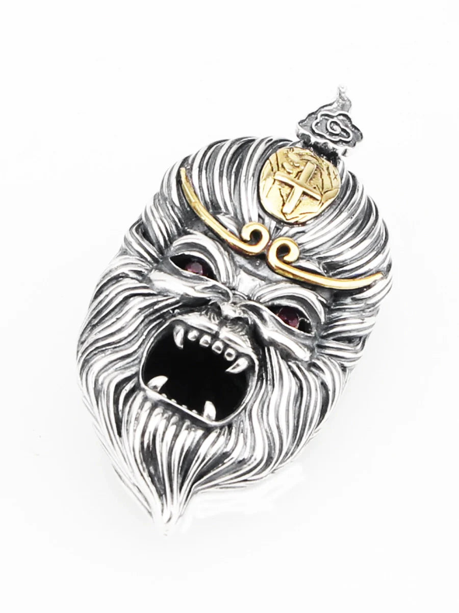 S925 Sterling Silver Sun Wukong Double-Sided Necklace - Buddha and Demon Pendant for Men