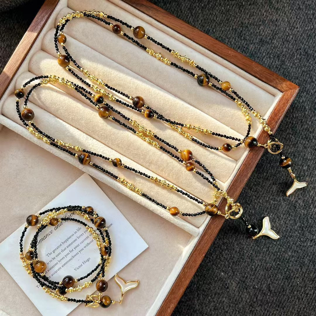 Collier vintage en pierre naturelle œil de tigre et perles de cristal artificiel