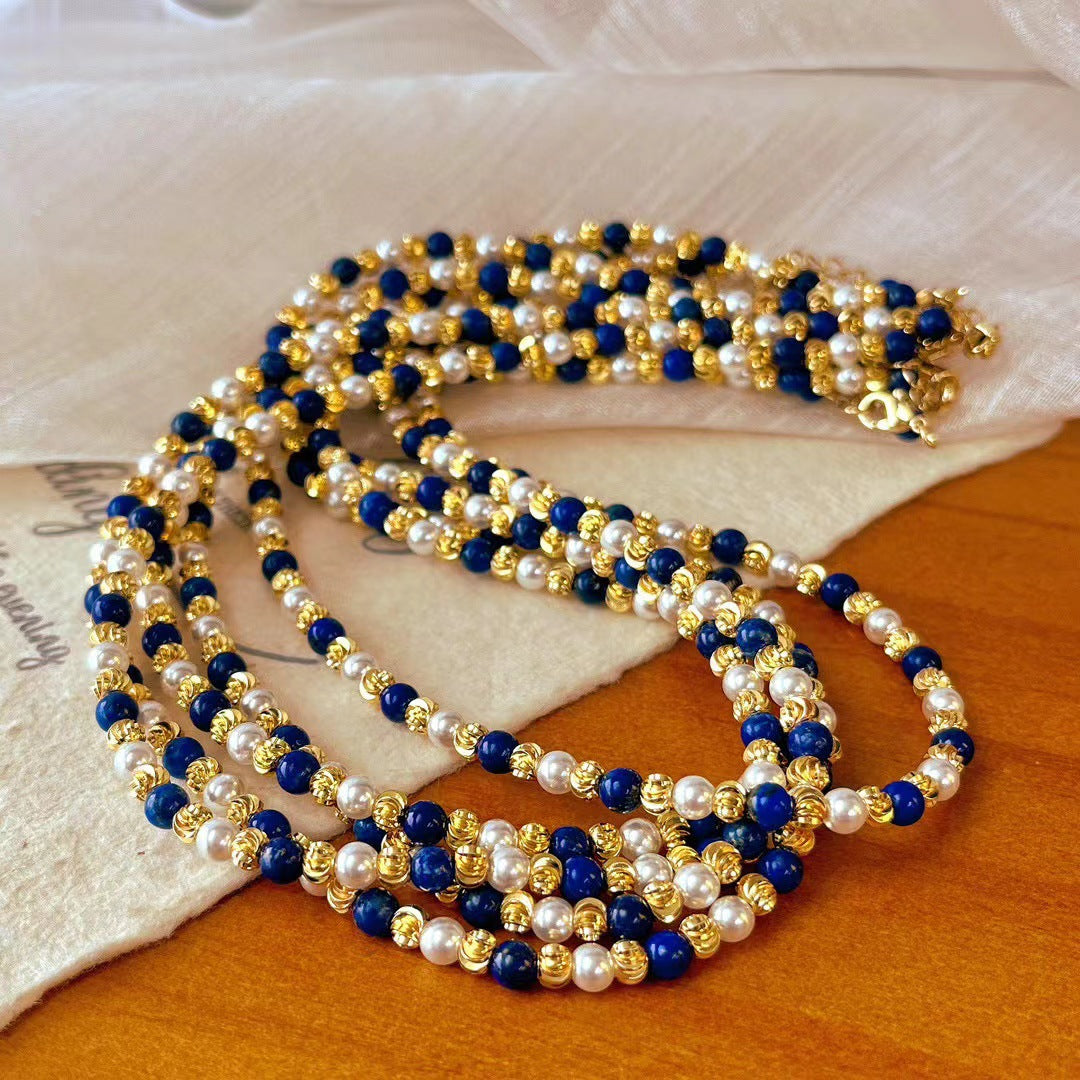 Vintage Halskette mit natürlichen Lapislazuli-Perlen, mehrschichtige Halskette mit Schlüsselbeinkette