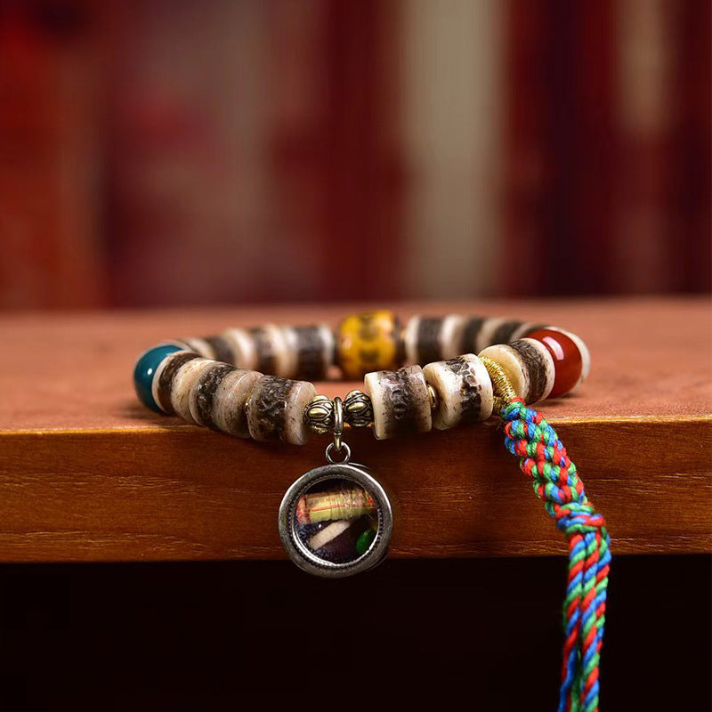 Tibetan Yak Bone Bracelet with Agate Dzi Beads & Snow Baga Beads – Handcrafted Tibetan-Style Bracelet