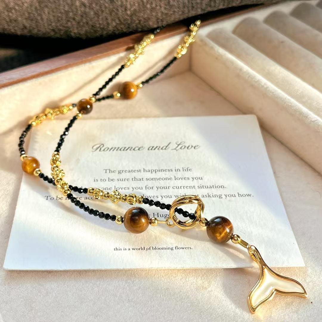 Collier vintage en pierre naturelle œil de tigre et perles de cristal artificiel