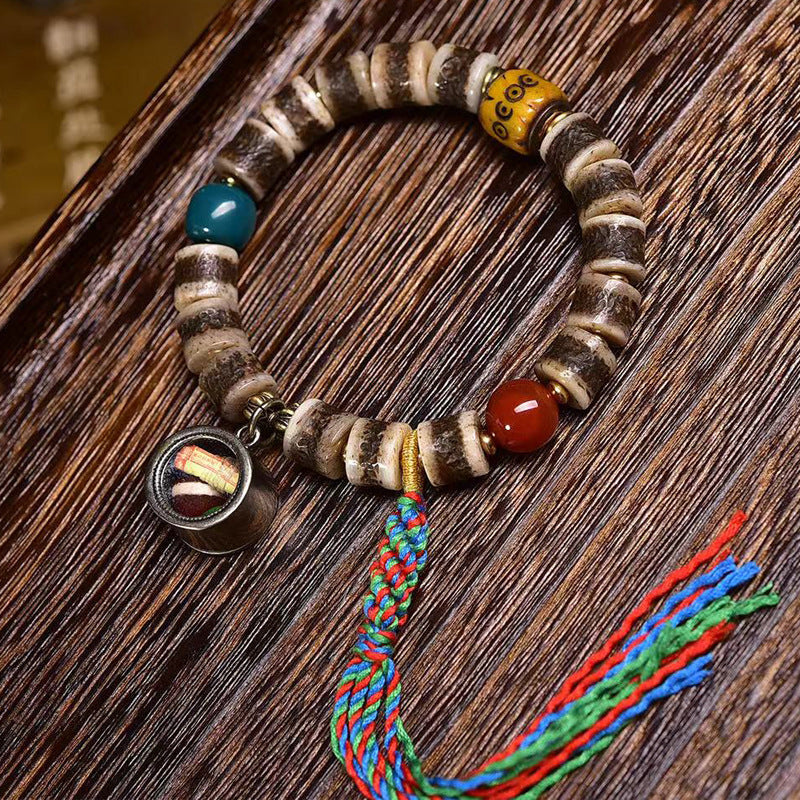 Tibetan Yak Bone Bracelet with Agate Dzi Beads & Snow Baga Beads – Handcrafted Tibetan-Style Bracelet