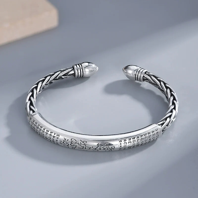 Bracelet tibétain en argent pur, bracelet Sutra du cœur pour la paix intérieure
