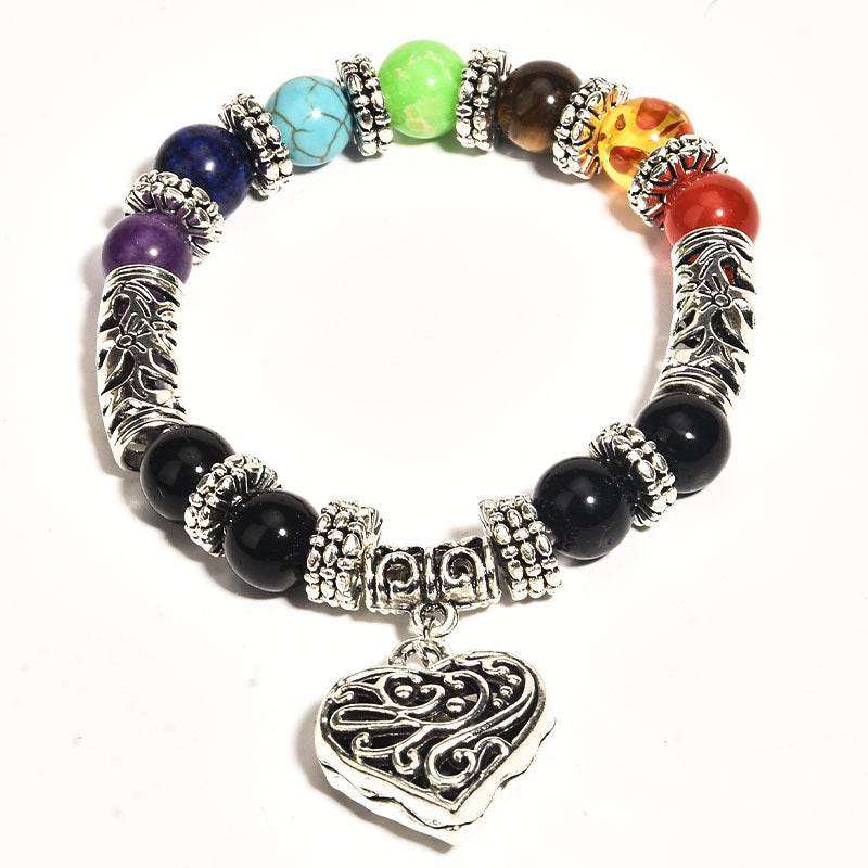Healing Chakra Bracelet for Meditation Matte Agate Charm Heart Gemstone Health Bracelet